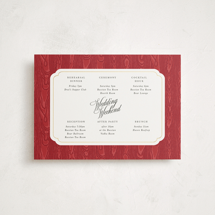 "Moiré" - Wedding Weekend Itinerary Cards in Crimson by Studio Suku - Front