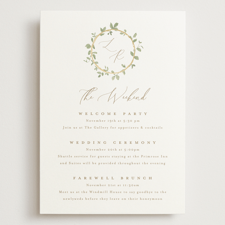 "Canopy" - Wedding Weekend Itinerary Cards in Ivy by Everett Paper Goods - Front