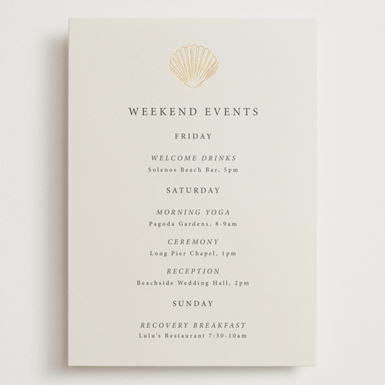 "Simple Seashell" - Wedding Weekend Itinerary Cards in Sand by Hannah Bowman - Front