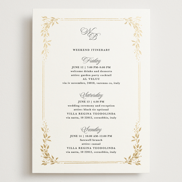 "Lake Como" - Wedding Weekend Itinerary Cards in Diamond by Kate Ahn - Front