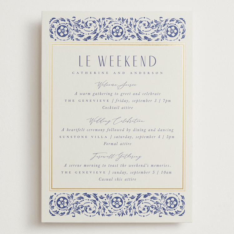 "Tiled Romance" - Wedding Weekend Itinerary Cards in Dynasty Blue by Ana de Sousa - Front