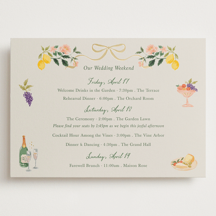 "Garden Feast" - Wedding Weekend Itinerary Cards in Garden by Elly - Front