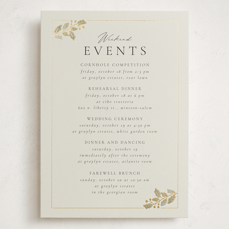 "Vine Wrap" - Wedding Weekend Itinerary Cards in Fern by Jen Owens - Front