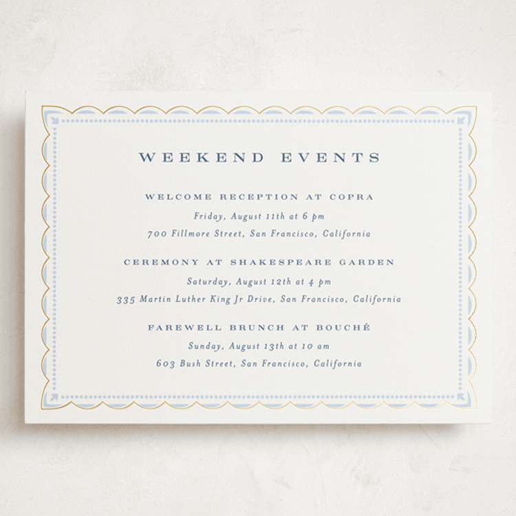 "Aurelia" - Wedding Weekend Itinerary Cards in Dusty Blue by Janean Hinger - Front