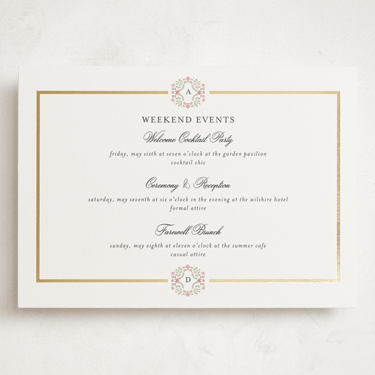 "Embrace" - Wedding Weekend Itinerary Cards in Peony by Susan Moyal - Front