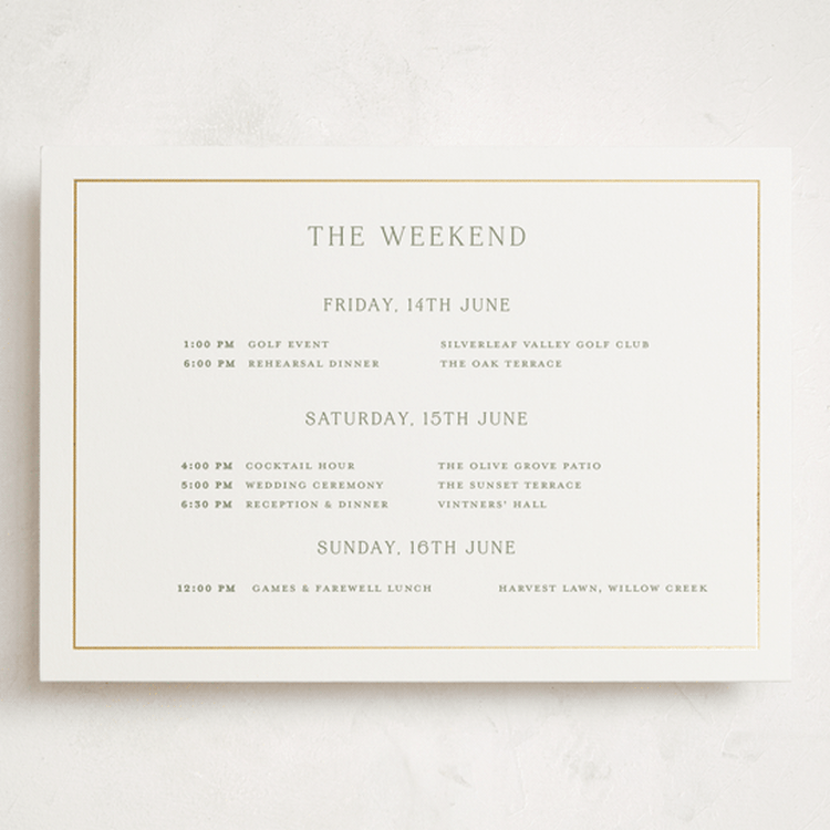 "Country Elegance" - Wedding Weekend Itinerary Cards in Sage by Lucrecia Caporale - Front