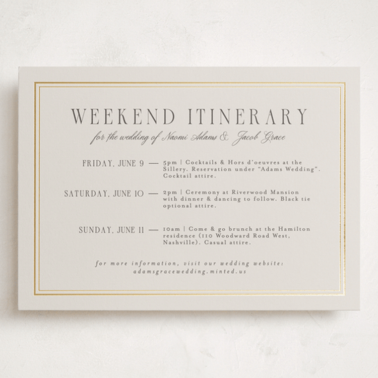 "Grace" - Wedding Weekend Itinerary Cards in Champagne by Nicole Walsh - Front