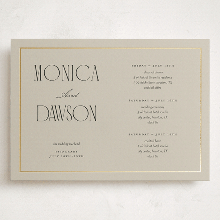 "Luxe Lines" - Wedding Weekend Itinerary Cards in Champagne by Kristin Oliversen - Front