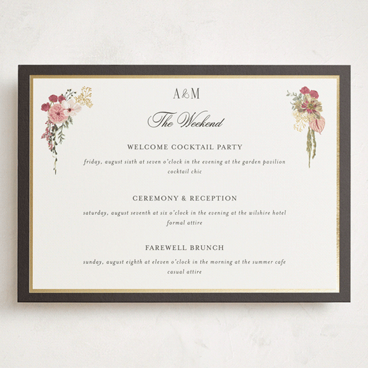"Flouriishing" - Wedding Weekend Itinerary Cards in Blush by Susan Moyal - Front
