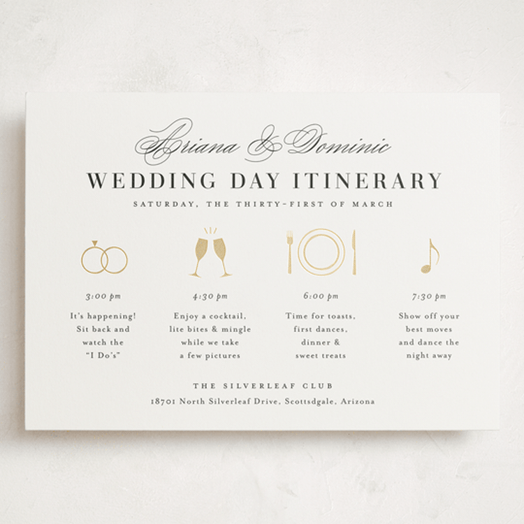 "Gilded Ampersand" - Wedding Weekend Itinerary Cards in Cotton by Jennifer Postorino - Front