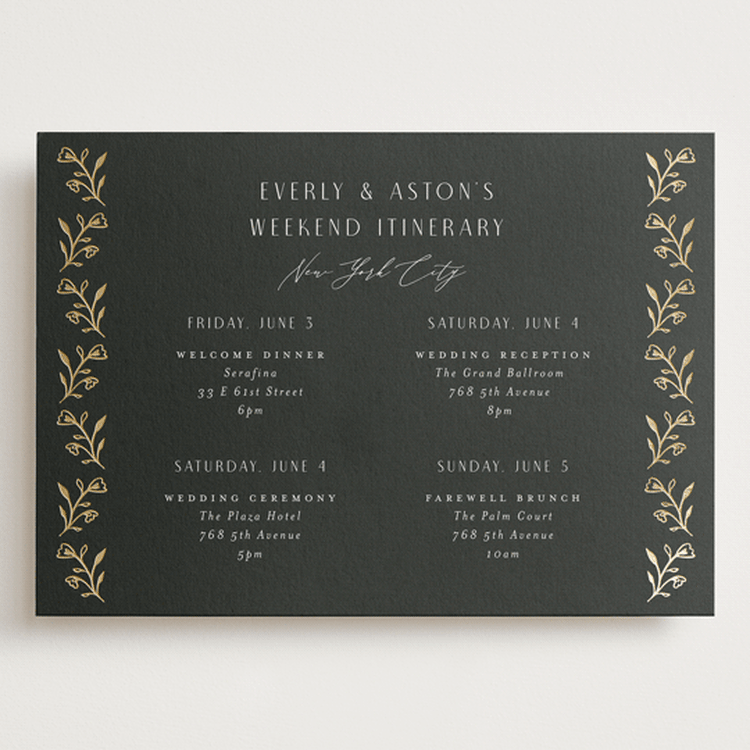 "Majesty" - Wedding Weekend Itinerary Cards in Onyx by Nicoletta Savod - Front