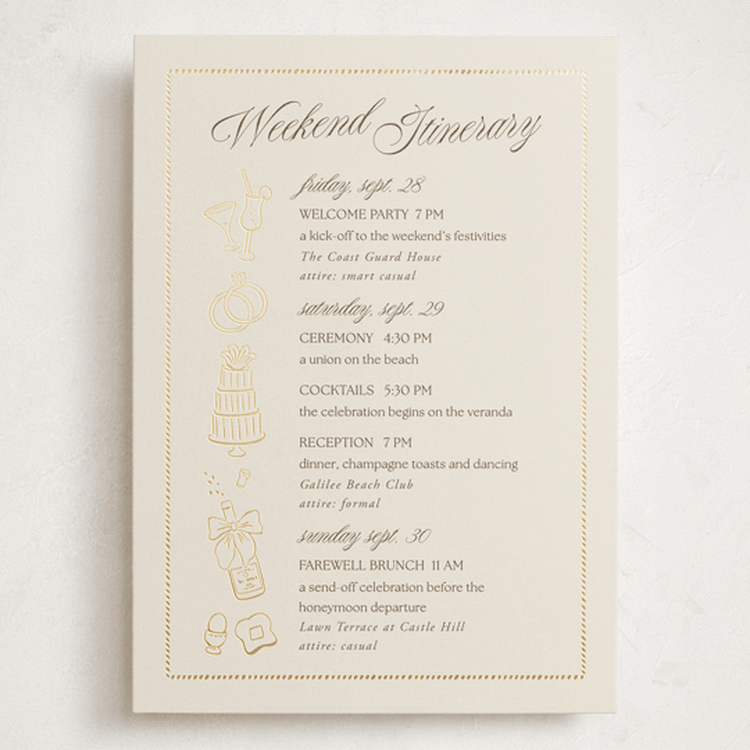 "Seaside" - Wedding Weekend Itinerary Cards in Champagne by Griffinbell Paper Co. - Front