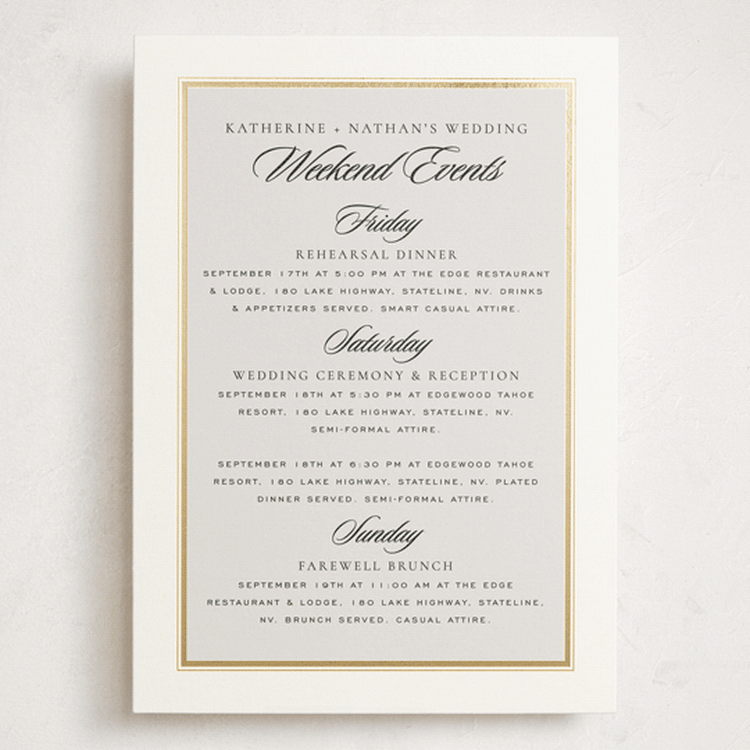 "Gilded Forest" - Wedding Weekend Itinerary Cards in Snow by Stacy Maalouf - Front