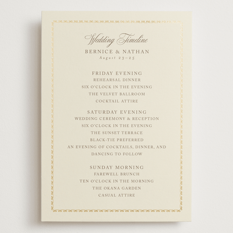 "Ahlum" - Wedding Weekend Itinerary Cards in Champagne by Deynaaz Daraei - Front