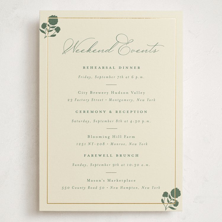 "Vintage Oval" - Wedding Weekend Itinerary Cards in Rosemary by Emily Betts - Front
