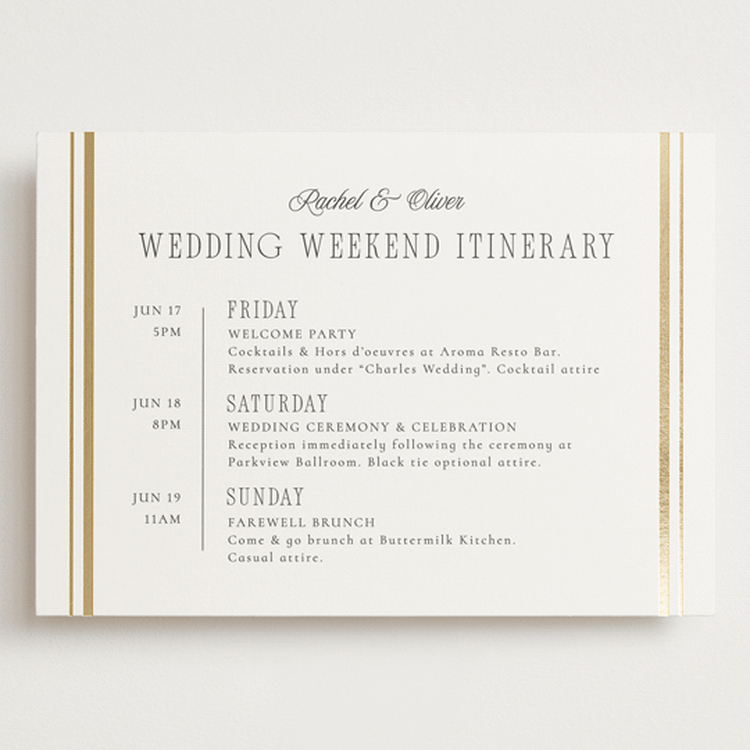 "Side Stripe" - Wedding Weekend Itinerary Cards in Pearl by Nicole Walsh - Front