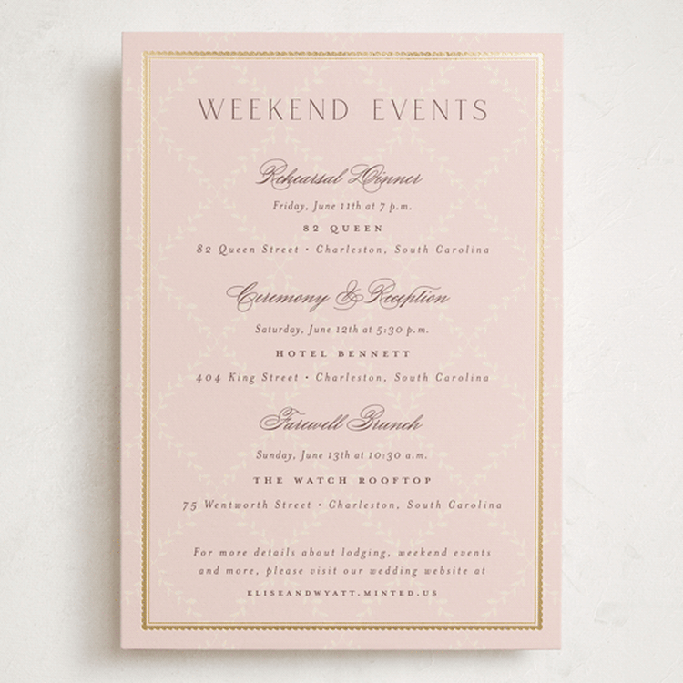 "Scallop Monogram" - Wedding Weekend Itinerary Cards in Rose Quartz by Emily Betts - Front