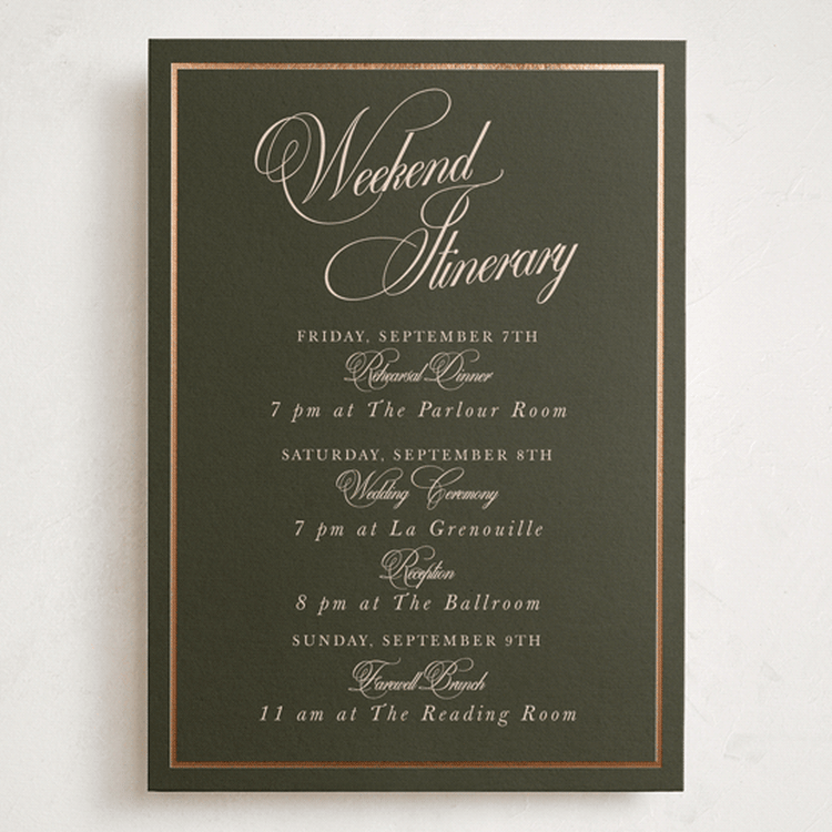 "Playbill" - Wedding Weekend Itinerary Cards in Midnight Forest by Morgan Kendall - Front