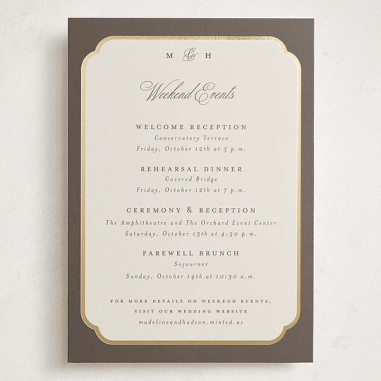 "Arch Frame" - Wedding Weekend Itinerary Cards in Cognac by Emily Betts - Front