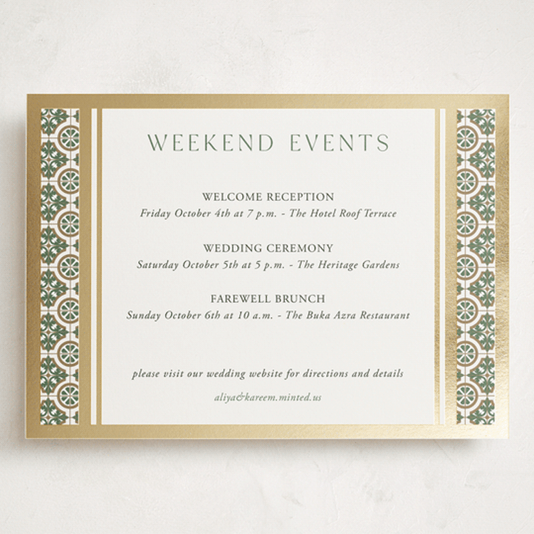"Kareem" - Wedding Weekend Itinerary Cards in Evergreen by Oma N. Ramkhelawan - Front