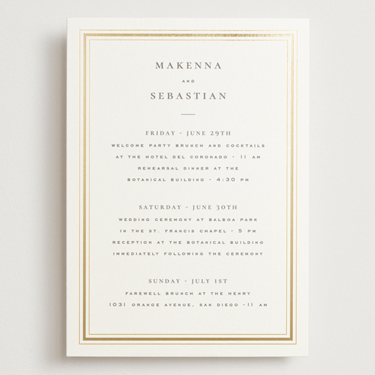 "Hampton" - Wedding Weekend Itinerary Cards in Chantilly by Wildfield Paper Co - Front