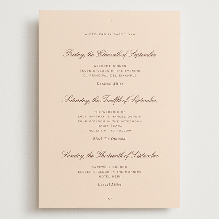 "Sweet Fancy" - Wedding Weekend Itinerary Cards in Coco by Ani Somi - Front