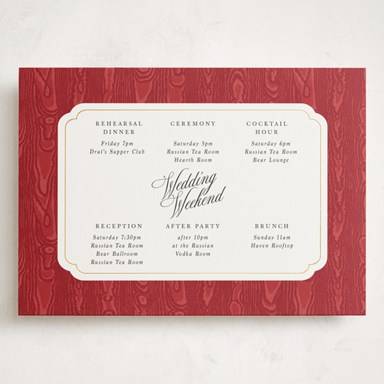 "Moiré" - Wedding Weekend Itinerary Cards in Crimson by Studio Suku - Front