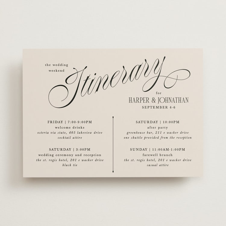"Mirin" - Wedding Weekend Itinerary Cards in Linen by Kate Ahn - Front