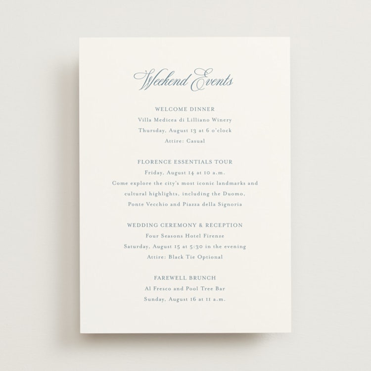 "Empire" - Wedding Weekend Itinerary Cards in Dusty Blue by Jennifer Postorino - Front