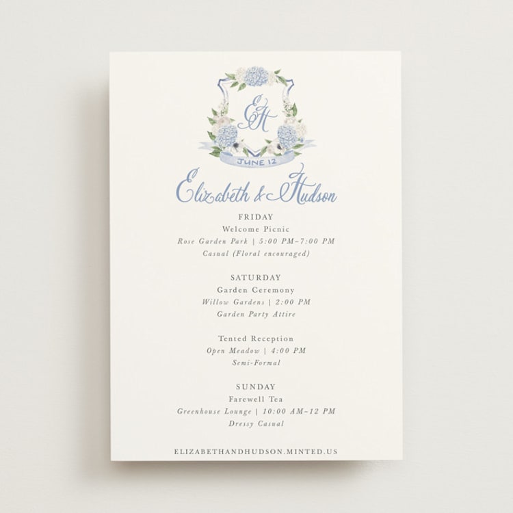 "Sweethearts" - Wedding Weekend Itinerary Cards in Periwinkle by Design Lotus - Front