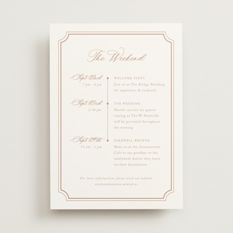 "Avery" - Wedding Weekend Itinerary Cards in Dusty Pink by Jennifer Postorino - Front