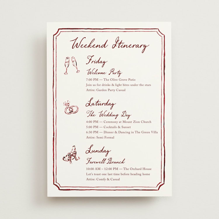 "Handwritten" - Wedding Weekend Itinerary Cards in Wine by Cass Loh - Front