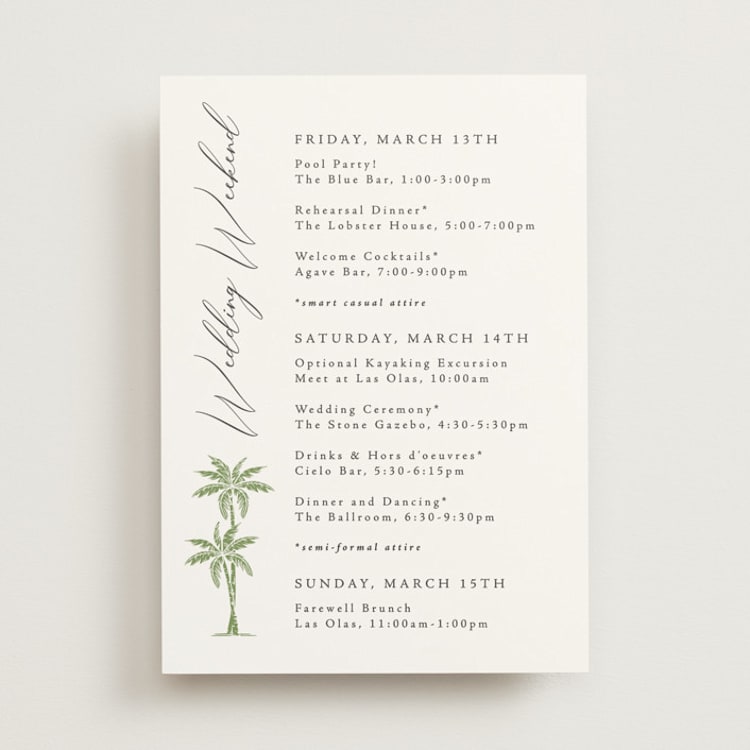 "Palm Monogram" - Wedding Weekend Itinerary Cards in Leaf by Olivia Raufman - Front