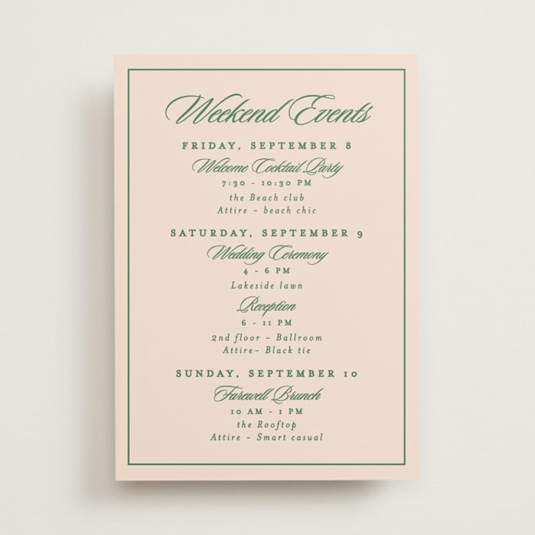 "Scripted" - Wedding Weekend Itinerary Cards in Emerald by Creo Study - Front