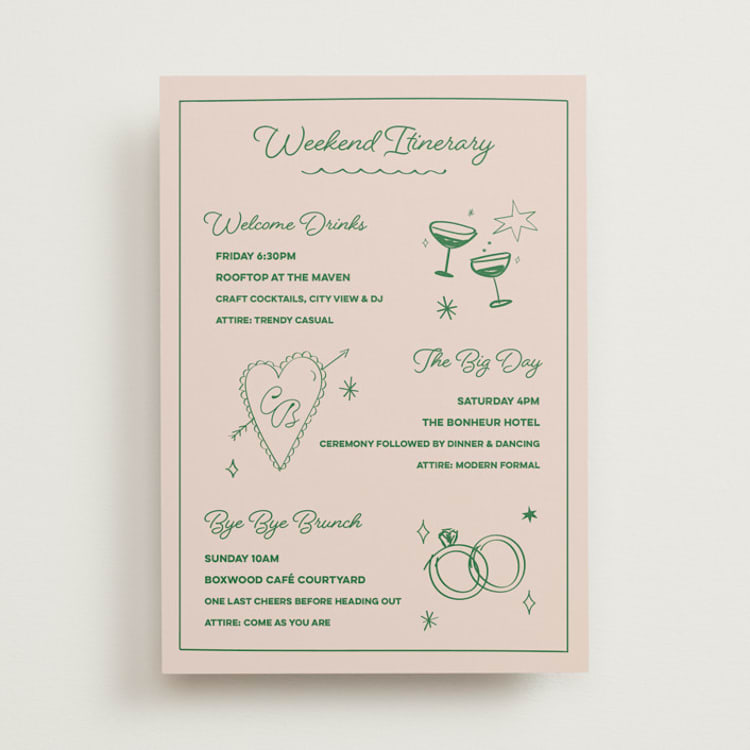 "Crazy Little Thing Called Love" - Wedding Weekend Itinerary Cards in Avocado by Helena Vitto - Front