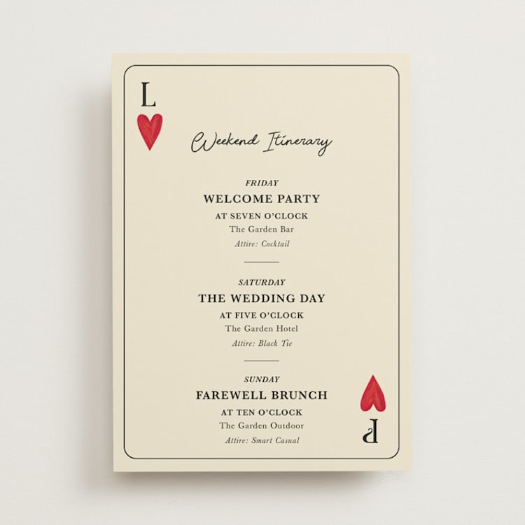 "Red Hearts" - Wedding Weekend Itinerary Cards in Champagne by Helena Vitto - Front