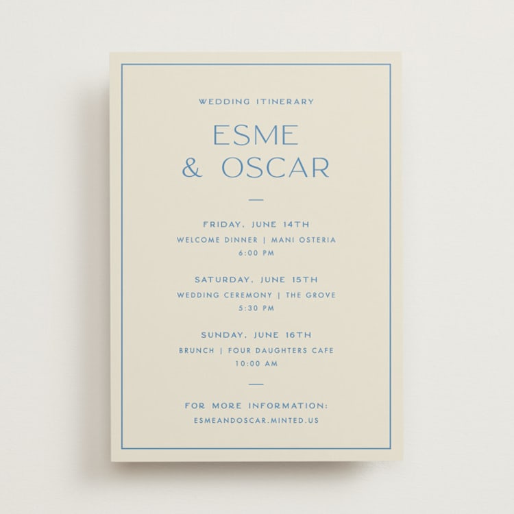 "Brooklyn" - Wedding Weekend Itinerary Cards in Cerulean by Ellen Schlegelmilch - Front