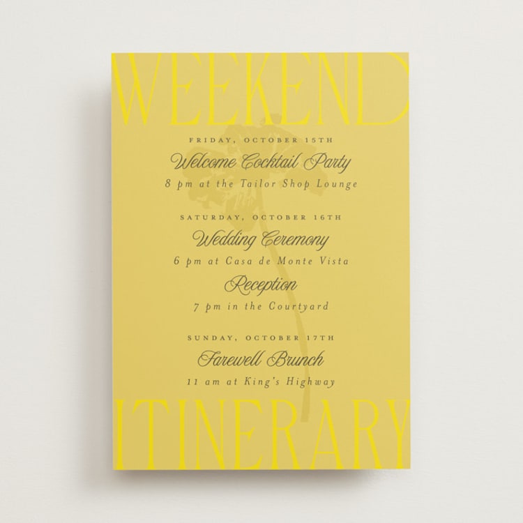"Bloom" - Wedding Weekend Itinerary Cards in Island Citrus by Morgan Kendall - Front