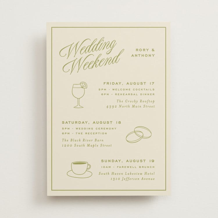 "rory" - Wedding Weekend Itinerary Cards in Olive by Ellen Schlegelmilch - Front