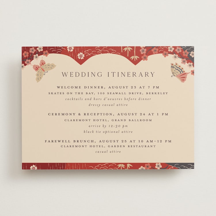 "Japanese Textile" - Wedding Weekend Itinerary Cards in Rose by Jennifer Holbrook - Front