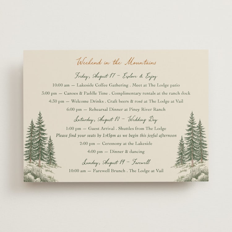 "Whispering Pines" - Wedding Weekend Itinerary Cards in Forest by Elly - Front