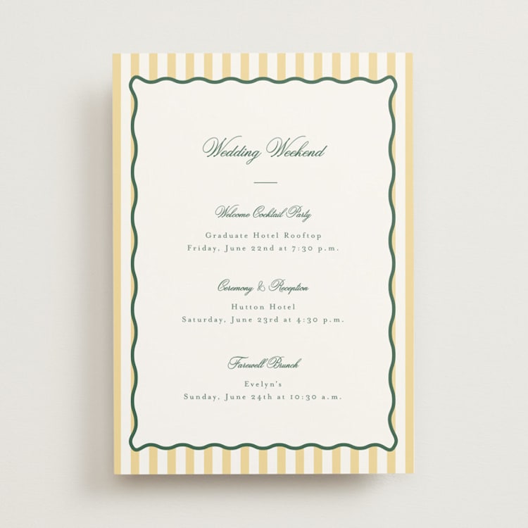 "Curved Frame" - Wedding Weekend Itinerary Cards in Citrine by Emily Betts - Front