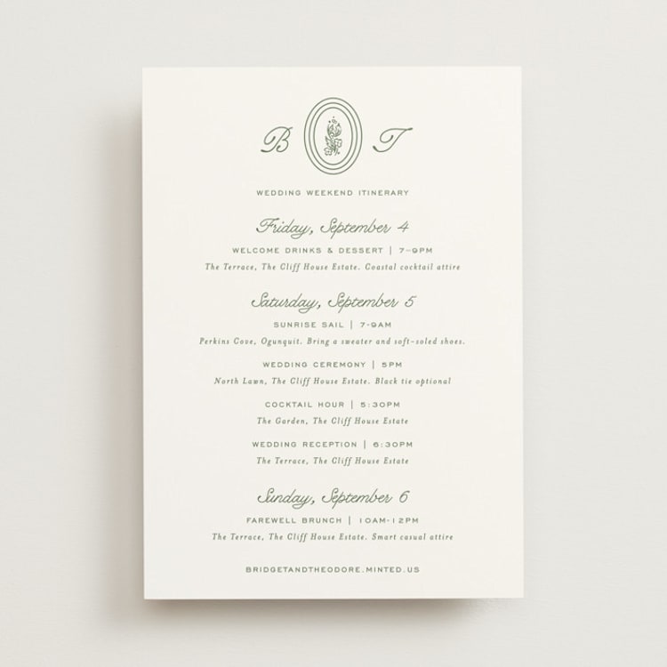 "Court" - Wedding Weekend Itinerary Cards in Leaf by Kate Ahn - Front