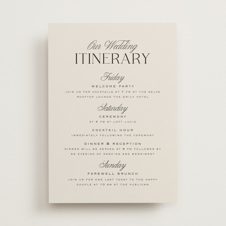 "Galleria" - Wedding Weekend Itinerary Cards in Onyx by Laura Hankins - Front