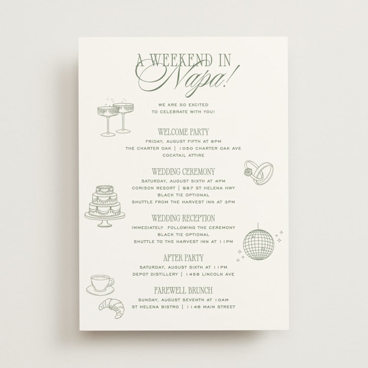 "Woods" - Wedding Weekend Itinerary Cards in Moss by Kelly Schmidt - Front