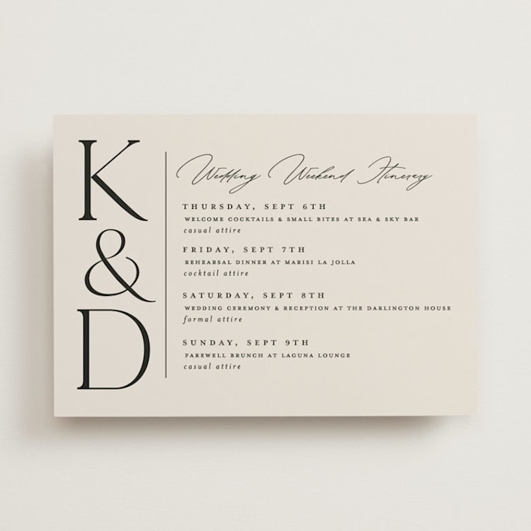 "Modern Monogram" - Wedding Weekend Itinerary Cards in Ecru by Erica Krystek - Front