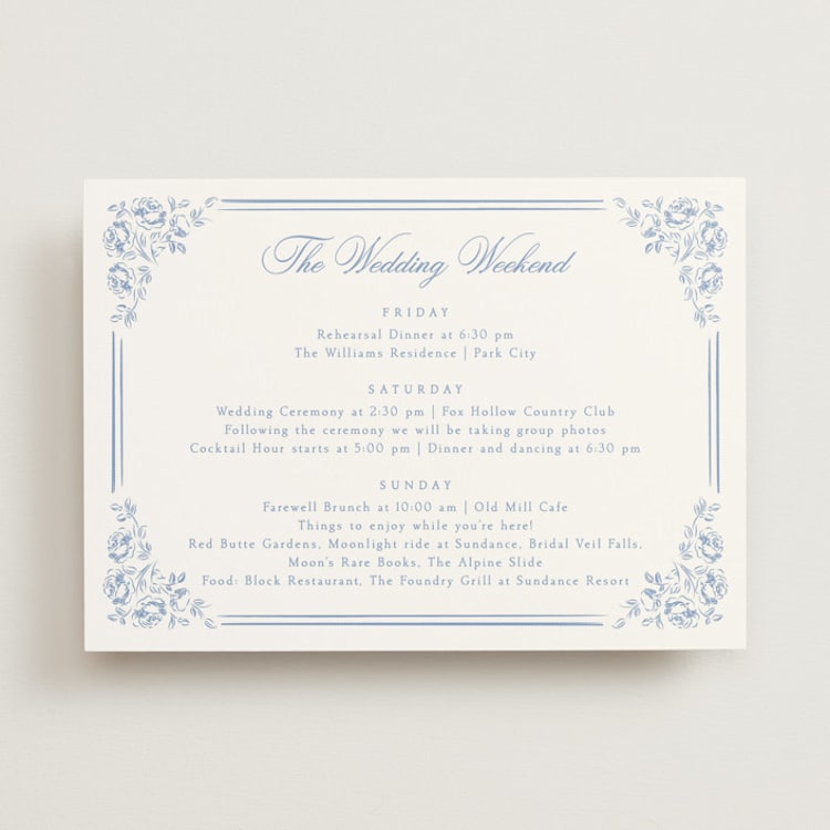 "Constance" - Wedding Weekend Itinerary Cards in Sky by Robert and Stella - Front