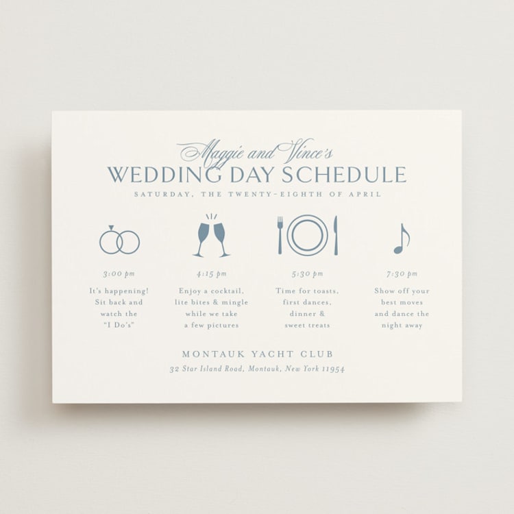 "Coastal Charm" - Wedding Weekend Itinerary Cards in Dusty Blue by Jennifer Postorino - Front