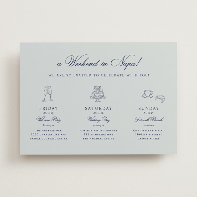 "Landscape Script" - Wedding Weekend Itinerary Cards in Sky by Kelly Schmidt - Front