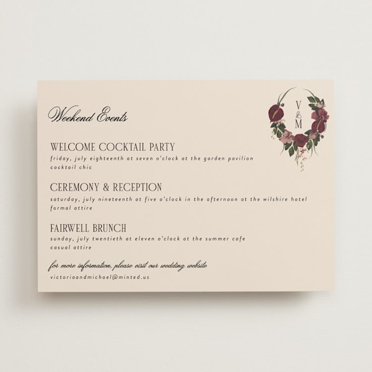 "Romantics" - Wedding Weekend Itinerary Cards in Merlota by Susan Moyal - Front